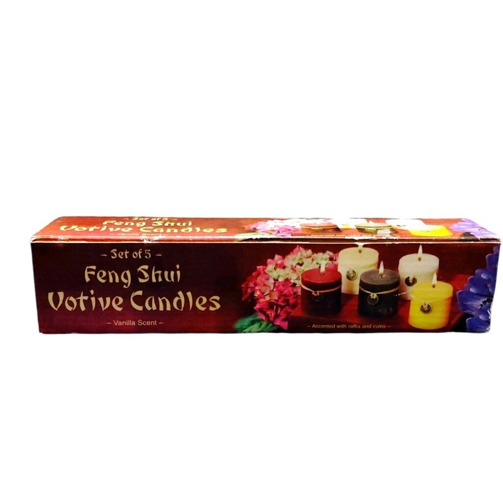 Feng Shui‎ Votive Candles Set of 5 Vanilla Scented with Raffia and Coin Accents